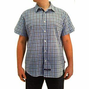 English Laundry Men's Linen Blend Short Sleeve Shirt Light Blue Plaid Me…